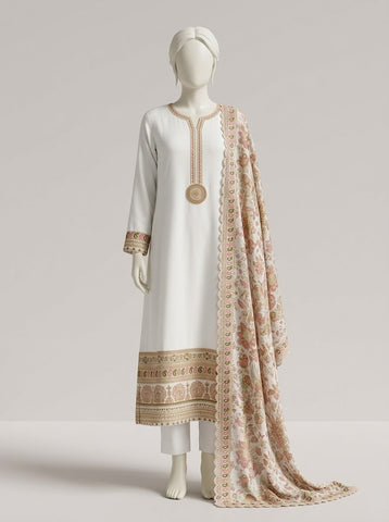 ZA105 - Women Embroidered 3PC Suit (White & Black)