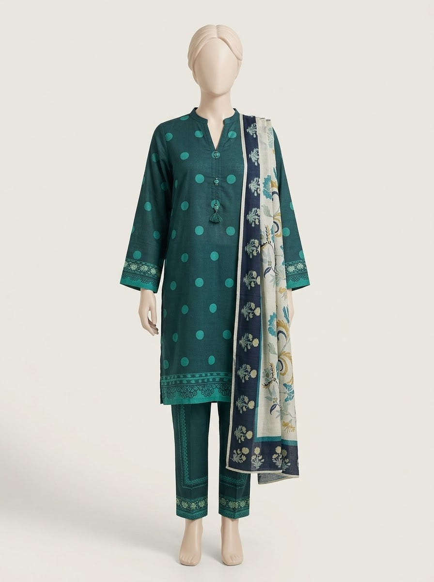 ZW038 - Women Teal Green Polka Dot Printed 3PC Stitched Suit