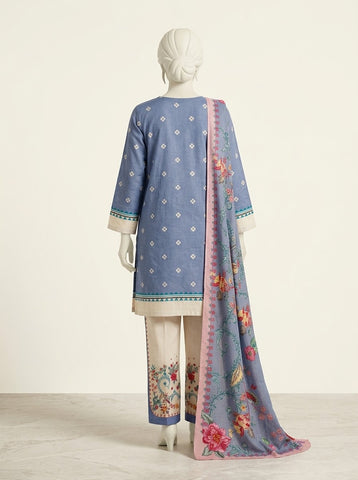 ZW038 - Women Denim Blue Printed 3PC Stitched Suit