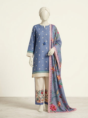 ZW038 - Women Denim Blue Printed 3PC Stitched Suit