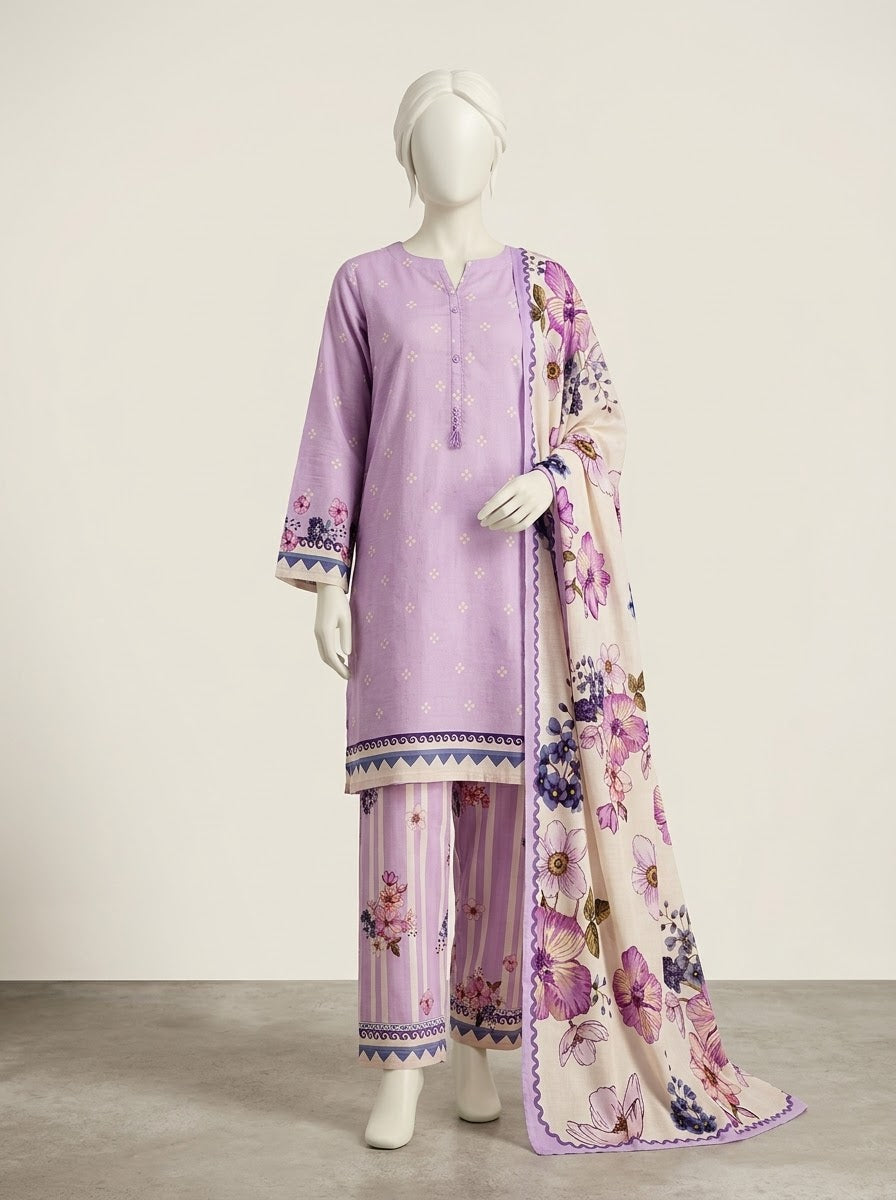 ZW038 - Women Lilac Floral Printed 3PC Stitched Suit