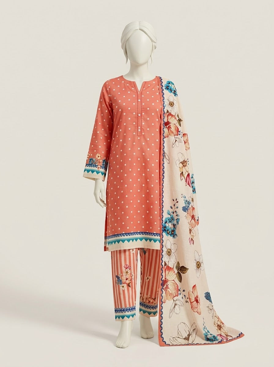 ZW038 - Women Coral Polka Dot Printed 3PC Stitched Suit