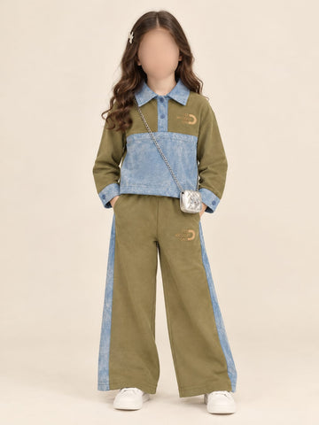 MW058 - Girls Denim Panel Polo Sweatshirt & Pant Set - 1 to 5 Years
