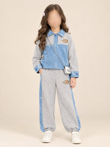 MW058 - Girls Denim Panel Polo Sweatshirt & Pant Set - 1 to 5 Years