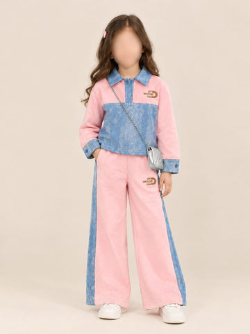 MW058 - Girls Denim Panel Polo Sweatshirt & Pant Set - 1 to 5 Years