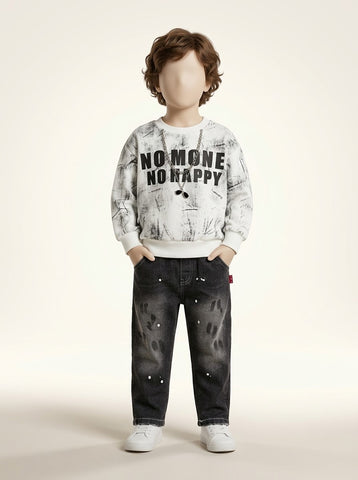 Boys Slogan Print Sweatshirt & Black Denim Jeans Set - 1 to 5 Years