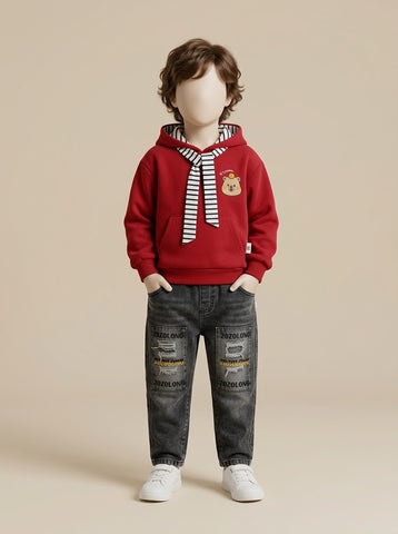 MA263 - Boys Bear Patch Striped Tie Hoodie & Ripped Jeans Set - 1 to 5 Years