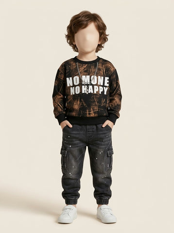 Boys Slogan Print Sweatshirt & Black Denim Jeans Set - 1 to 5 Years