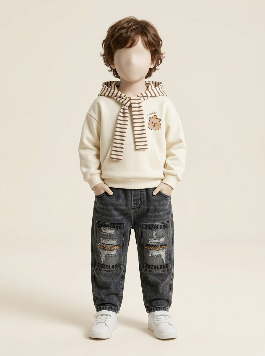 MA263 - Boys Bear Patch Striped Tie Hoodie & Ripped Jeans Set - 1 to 5 Years