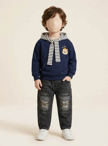 MA263 - Boys Bear Patch Striped Tie Hoodie & Ripped Jeans Set - 1 to 5 Years