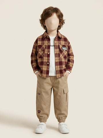 MA772 - Boys Plaid Flannel Shirt, Tee & Cargo Pant 3-Piece Set - 1 to 5 Years