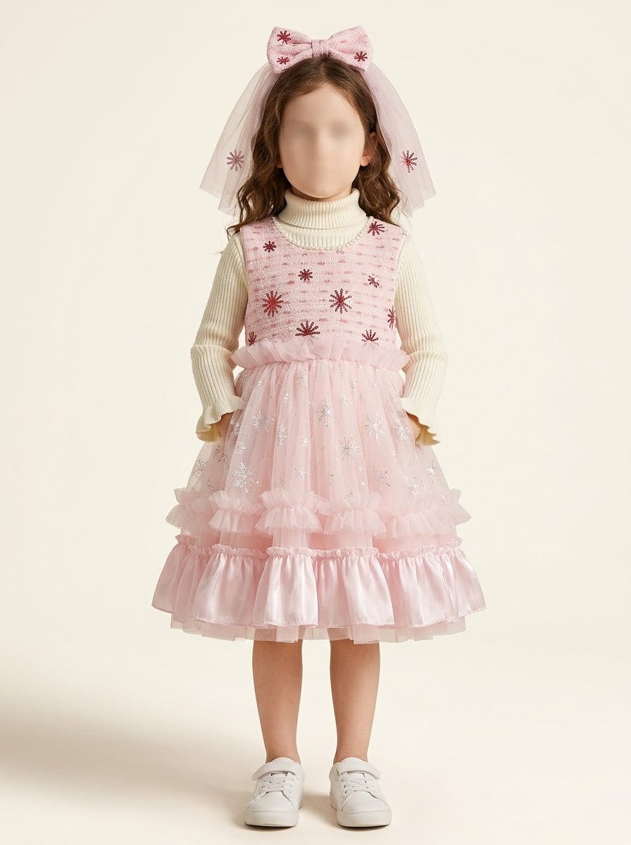 Girls Pink Snowflake Tweed Tulle Frock with Turtleneck - 3 to 10 Years
