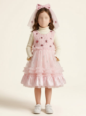 Girls Pink Snowflake Tweed Tulle Frock with Turtleneck - 3 to 10 Years