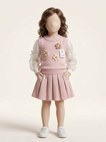 MW162 - Girls Flower Sweater Vest, Organza Puff Sleeve Top & Skirt 3-Piece Set - 1 to 7 Years