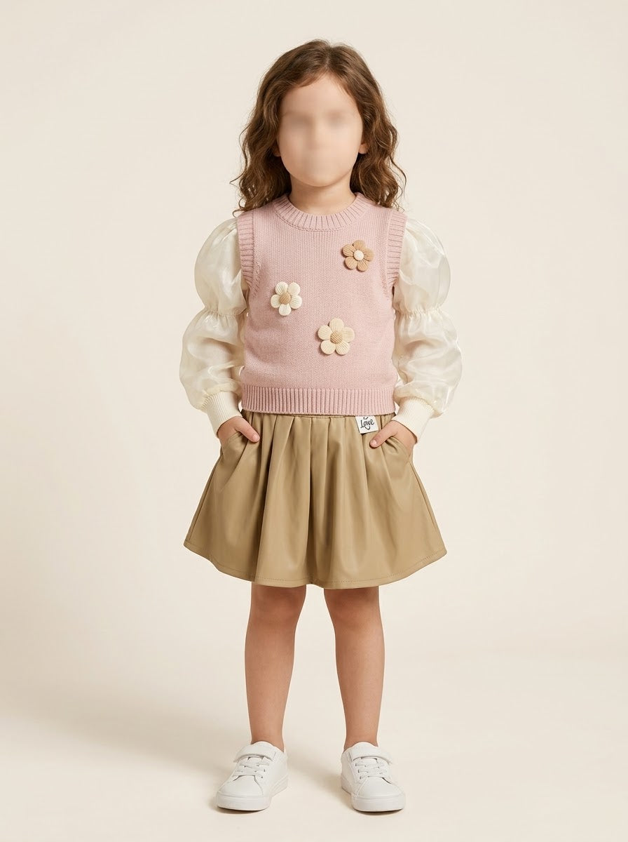 MW162 - Girls Flower Sweater Vest, Organza Puff Sleeve Top & Skirt 3-Piece Set - 1 to 7 Years