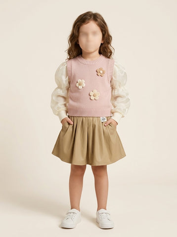 MW162 - Girls Flower Sweater Vest, Organza Puff Sleeve Top & Skirt 3-Piece Set - 1 to 7 Years