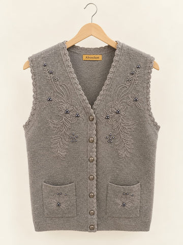 MA837 - Women Textured Knit Pearl Embroidered Sweater Vest - Standard Size