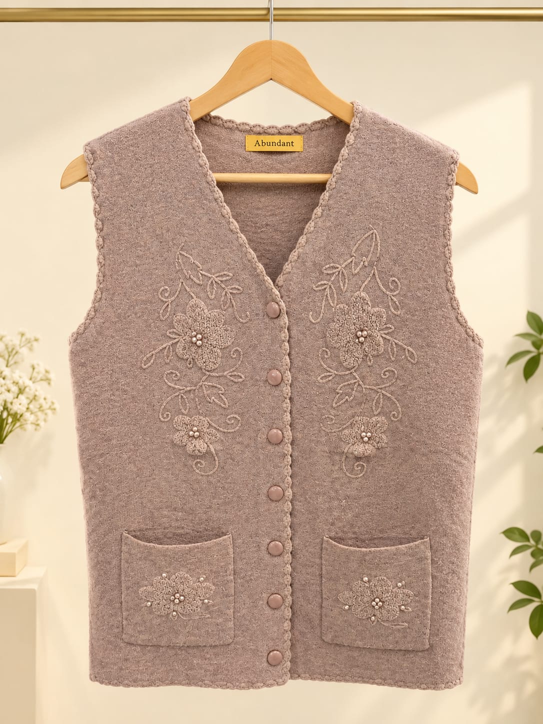 MA836 - Women Textured Knit Floral Embroidered Sweater Vest with Pearl Pockets - Standard Size