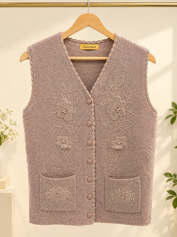 MA836 - Women Textured Knit Floral Embroidered Sweater Vest with Pearl Pockets - Standard Size