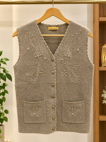 MA837 - Women Textured Knit Pearl Embroidered Sweater Vest - Standard Size