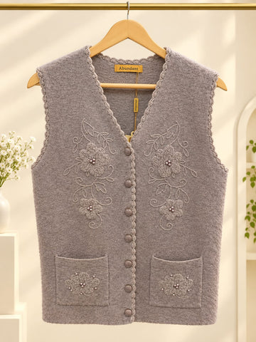 MA836 - Women Textured Knit Floral Embroidered Sweater Vest with Pearl Pockets - Standard Size