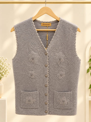 MA836 - Women Textured Knit Floral Embroidered Sweater Vest with Pearl Pockets - Standard Size