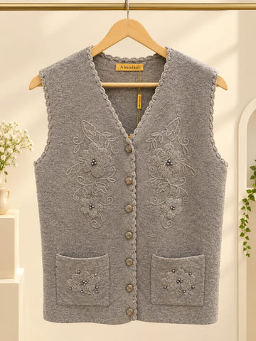 MA836 - Women Textured Knit Floral Embroidered Sweater Vest with Pearl Pockets - Standard Size