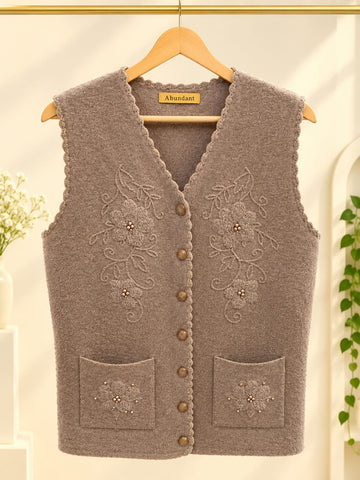 MA836 - Women Textured Knit Floral Embroidered Sweater Vest with Pearl Pockets - Standard Size