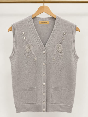 MA836 - Women Knitted Pearl Floral Embroidered Sweater Vest - Standard Size
