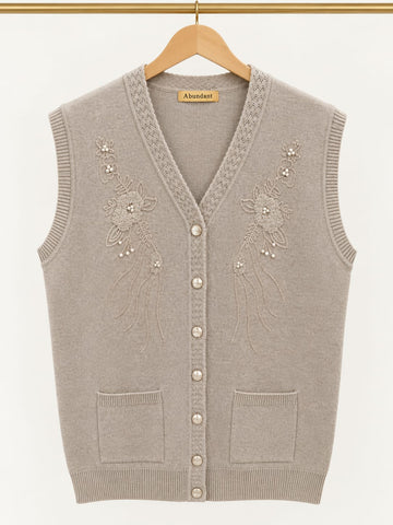 MA836 - Women Knitted Pearl Floral Embroidered Sweater Vest - Standard Size