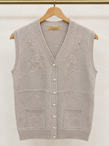 MA836 - Women Knitted Pearl Floral Embroidered Sweater Vest - Standard Size