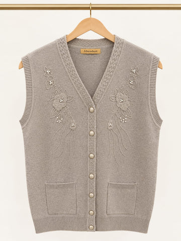 MA836 - Women Knitted Pearl Floral Embroidered Sweater Vest - Standard Size