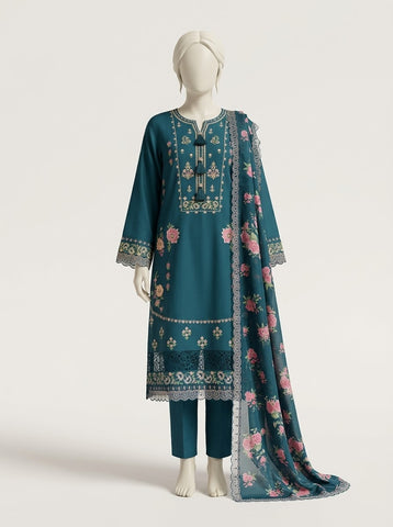 ZW014 - Women Embroidered Printed 3PC Suit with Cutwork - 4 Colors