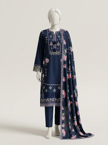 ZW014 - Women Embroidered Printed 3PC Suit with Cutwork - 4 Colors