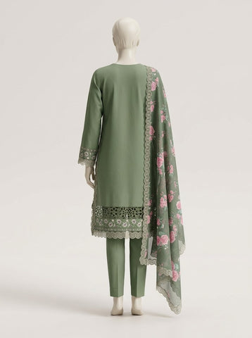ZW014 - Women Embroidered Printed 3PC Suit with Cutwork - 4 Colors