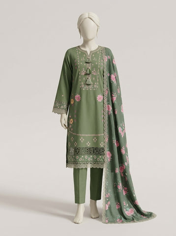 ZW014 - Women Embroidered Printed 3PC Suit with Cutwork - 4 Colors