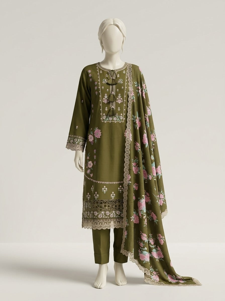 ZW014 - Women Embroidered Printed 3PC Suit with Cutwork - 4 Colors