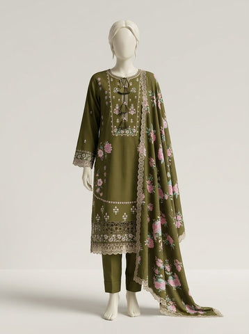ZW014 - Women Embroidered Printed 3PC Suit with Cutwork - 4 Colors