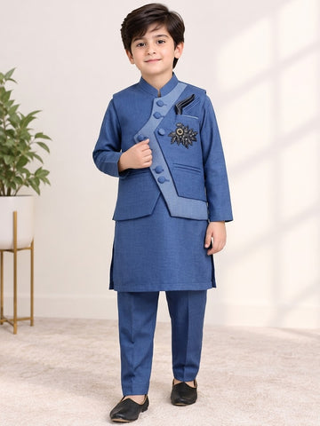 Boys Embroidered Waistcoat Kurta Shalwar 3-Piece Suit with Pocket Square - 3 to 12 Years