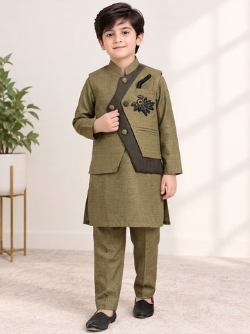 Boys Embroidered Waistcoat Kurta Shalwar 3-Piece Suit with Pocket Square - 3 to 12 Years