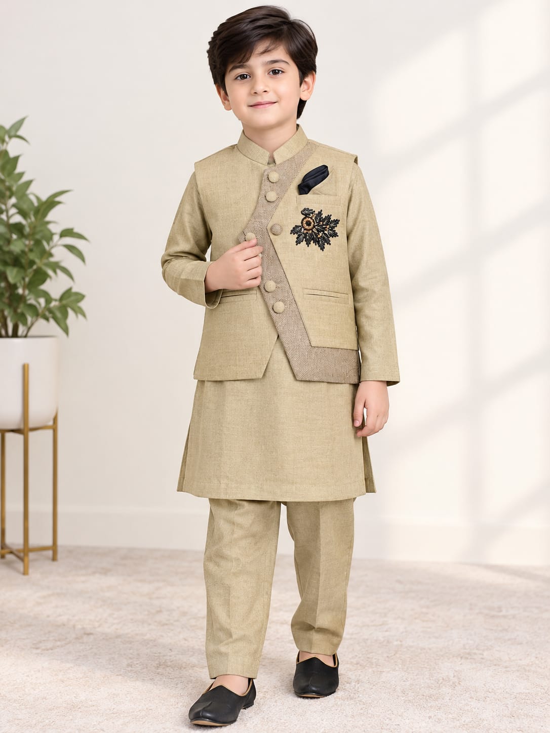 Boys Embroidered Waistcoat Kurta Shalwar 3-Piece Suit with Pocket Square - 3 to 12 Years
