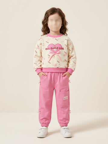 Girls Heart Bow Printed Sweatshirt & Trouser 2-Piece Set - 1 to 5 Years