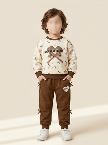Girls Heart Bow Printed Sweatshirt & Trouser 2-Piece Set - 1 to 5 Years