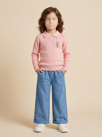 MW078 - Girls Pearl Collar Rhinestone Sweater & Wide-Leg Jeans Set - 3 to 8 Years
