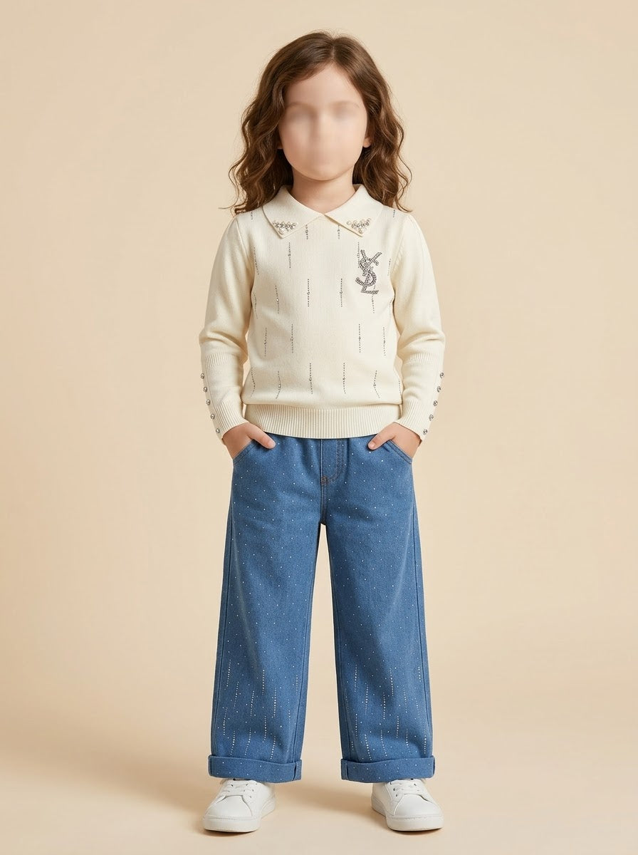 MW078 - Girls Pearl Collar Rhinestone Sweater & Wide-Leg Jeans Set - 3 to 8 Years