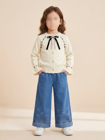 MW099 - Girls Pearl Bow Knitted Cardigan & Rhinestone Jeans Set - 3 to 8 Years