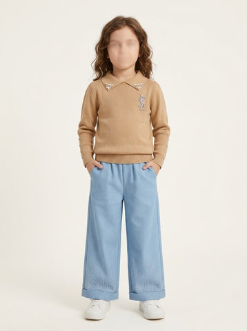 MW078 - Girls Pearl Collar Rhinestone Sweater & Wide-Leg Jeans Set - 3 to 8 Years