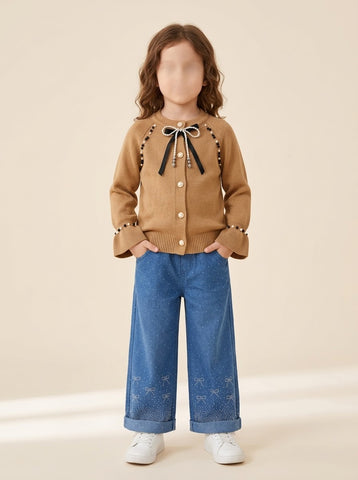 MW099 - Girls Pearl Bow Knitted Cardigan & Rhinestone Jeans Set - 3 to 8 Years