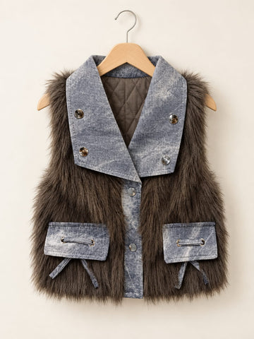 Girls Faux Fur Denim Collar Vest - 1 to 4 Years