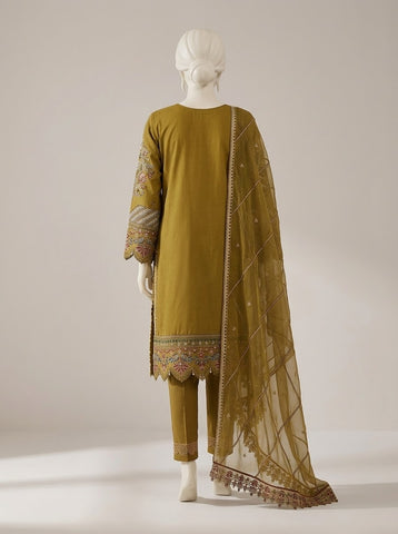 Women Embroidered 3PC Formal Suit - Emerald Green & Mustard
